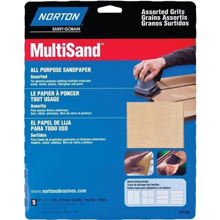Norton Co MultiSand 076607 Sanding Sheet, 11 in L, 9 in W, Aluminum Oxide Abrasive, Paper Backing 47765